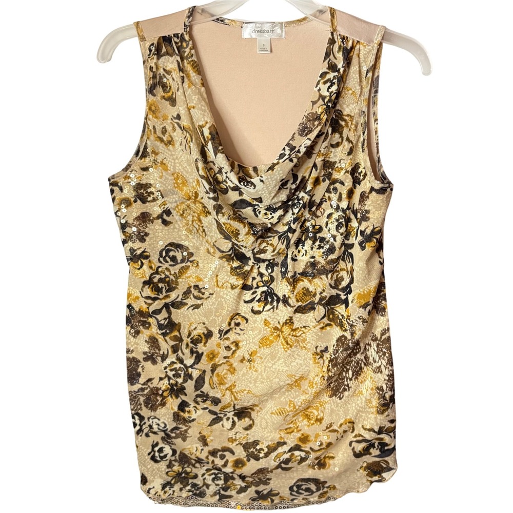 Vintage Dressbarn Blouse Womens S Gold Floral Sequin Cowl Neck Party Sparkle